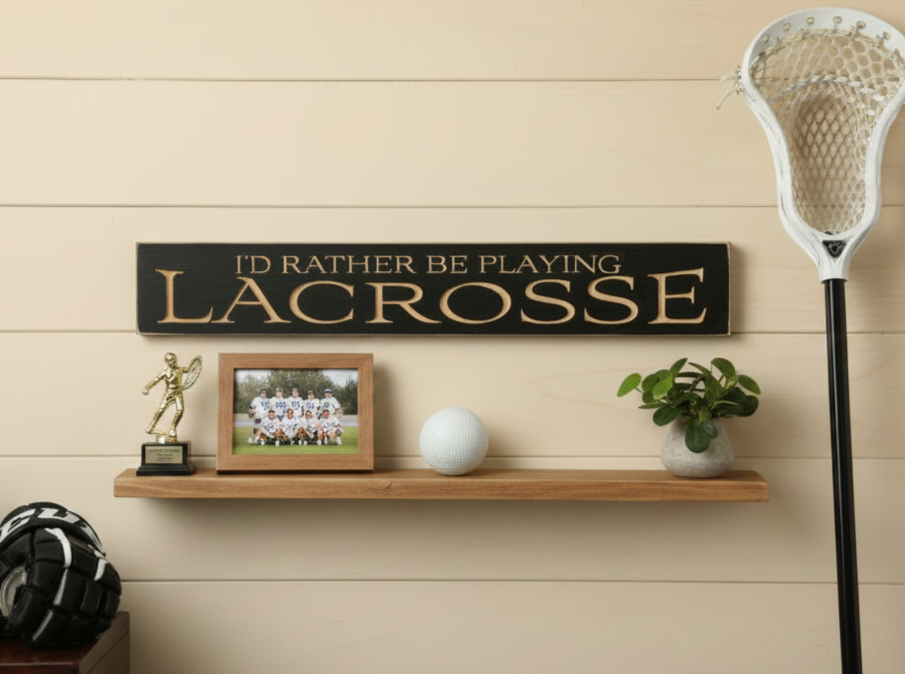 A black wooden wall sign with carved lettering that reads 'I'D RATHER BE PLAYING LACROSSE' mounted above a wooden shelf. The shelf holds a small gold trophy, a framed lacrosse team photo, a white ball, and a potted plant.