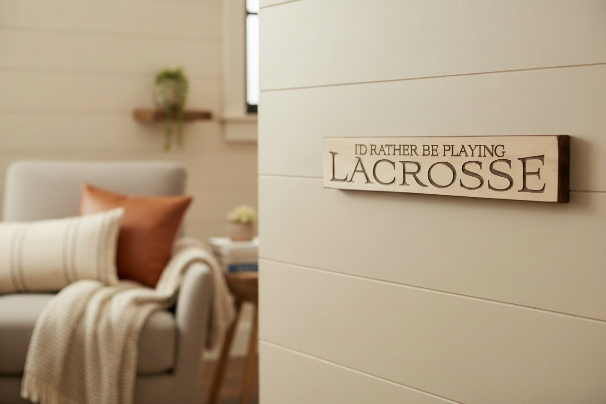 Carved Wood Lacrosse Sign: Cream Antiqued Finish, Sports Room Decor