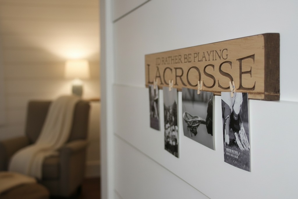 Lacrosse Photo Display Sign: Cream Carved Wood, Lacrosse Room Decor