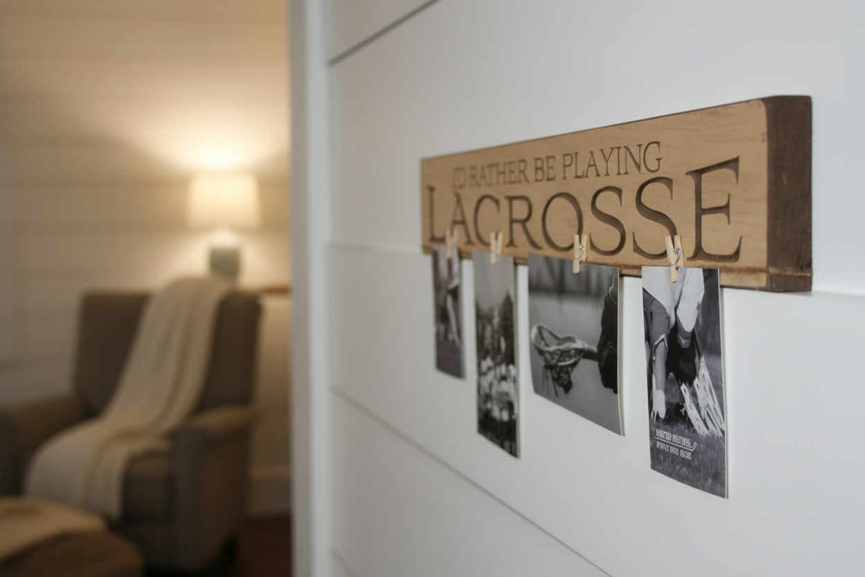 Lacrosse Photo Display Sign: Cream Carved Wood, Lacrosse Room Decor