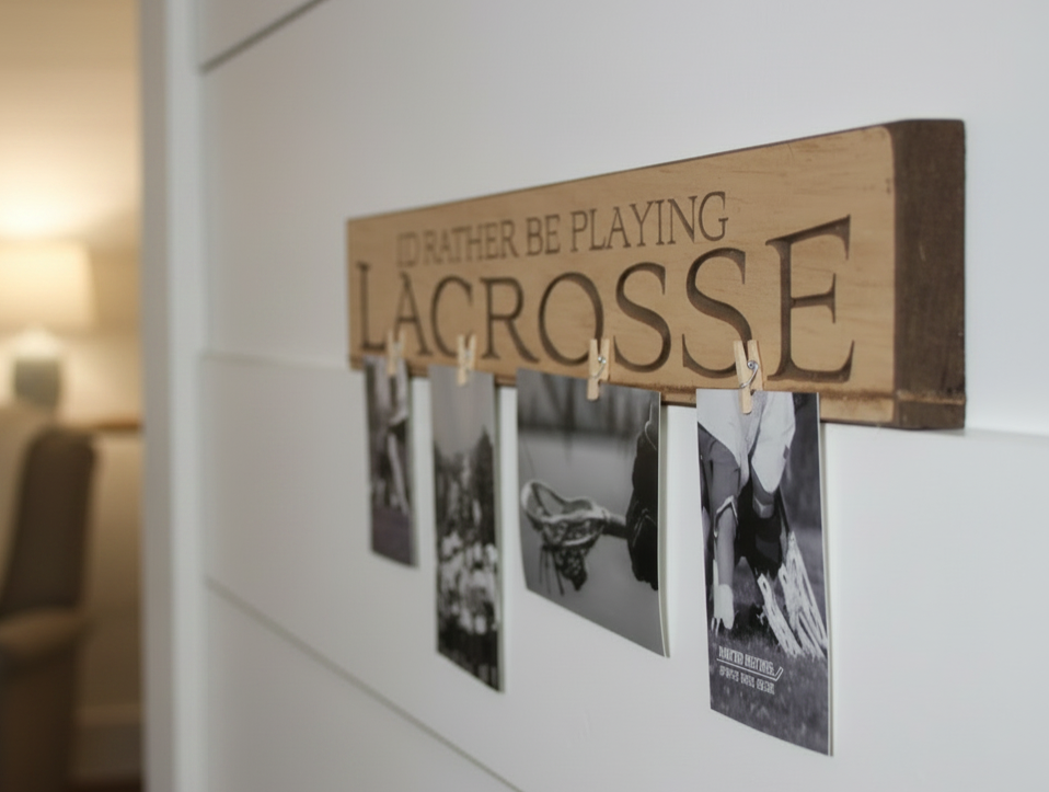 A rustic wooden sign with the words 'I'D RATHER BE PLAYING LACROSSE' hangs on a white wall. Small wooden clothespins hold several black-and-white photos, including one of a lacrosse stick and another showing a player in action.