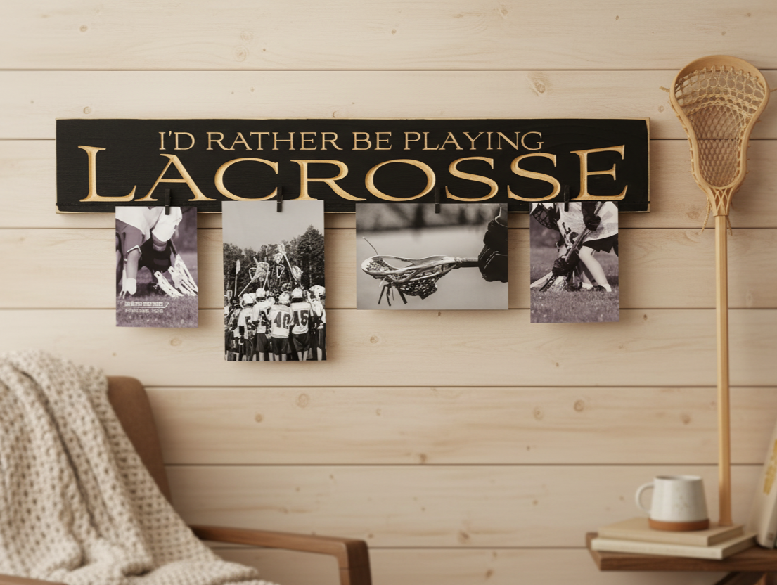 A rustic black wooden sign with carved lettering that reads 'I'D RATHER BE PLAYING LACROSSE' mounted on a light wood plank wall. Four black-and-white photos are clipped below the sign, and a lacrosse stick leans against the wall beside a small side table with a mug.