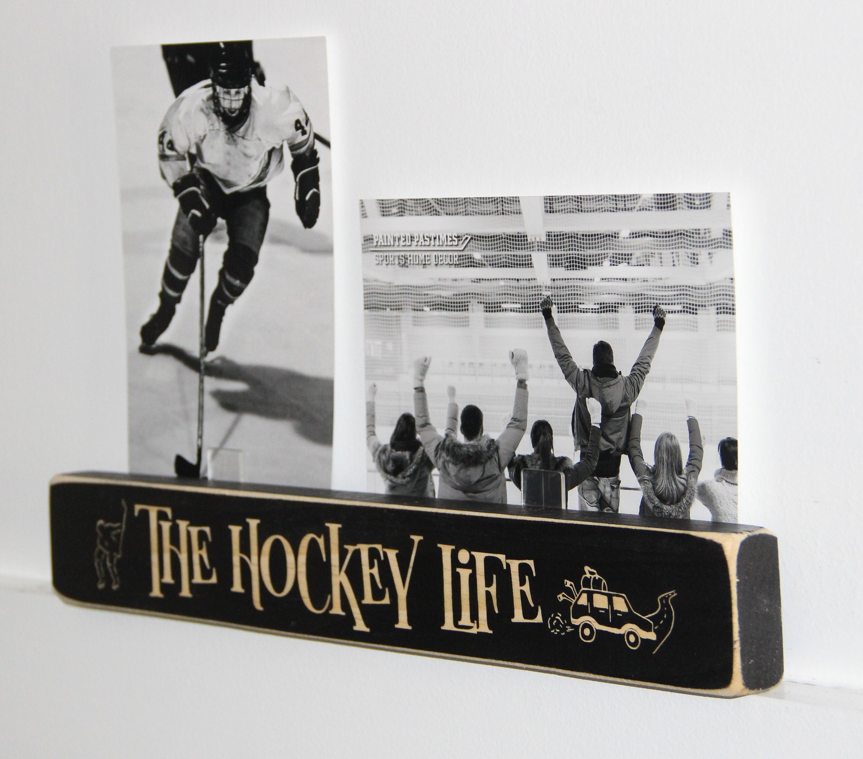 Hockey Mom Photo Display: Distressed Wood Hockey Gift