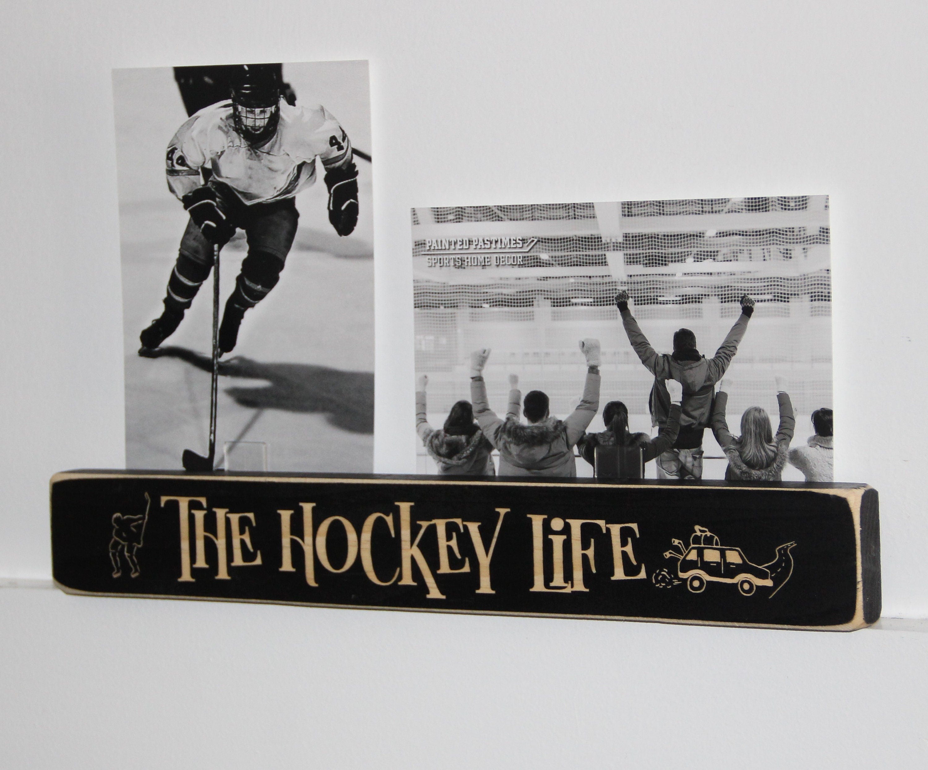 Hockey Mom Photo Display: Distressed Wood Hockey Gift
