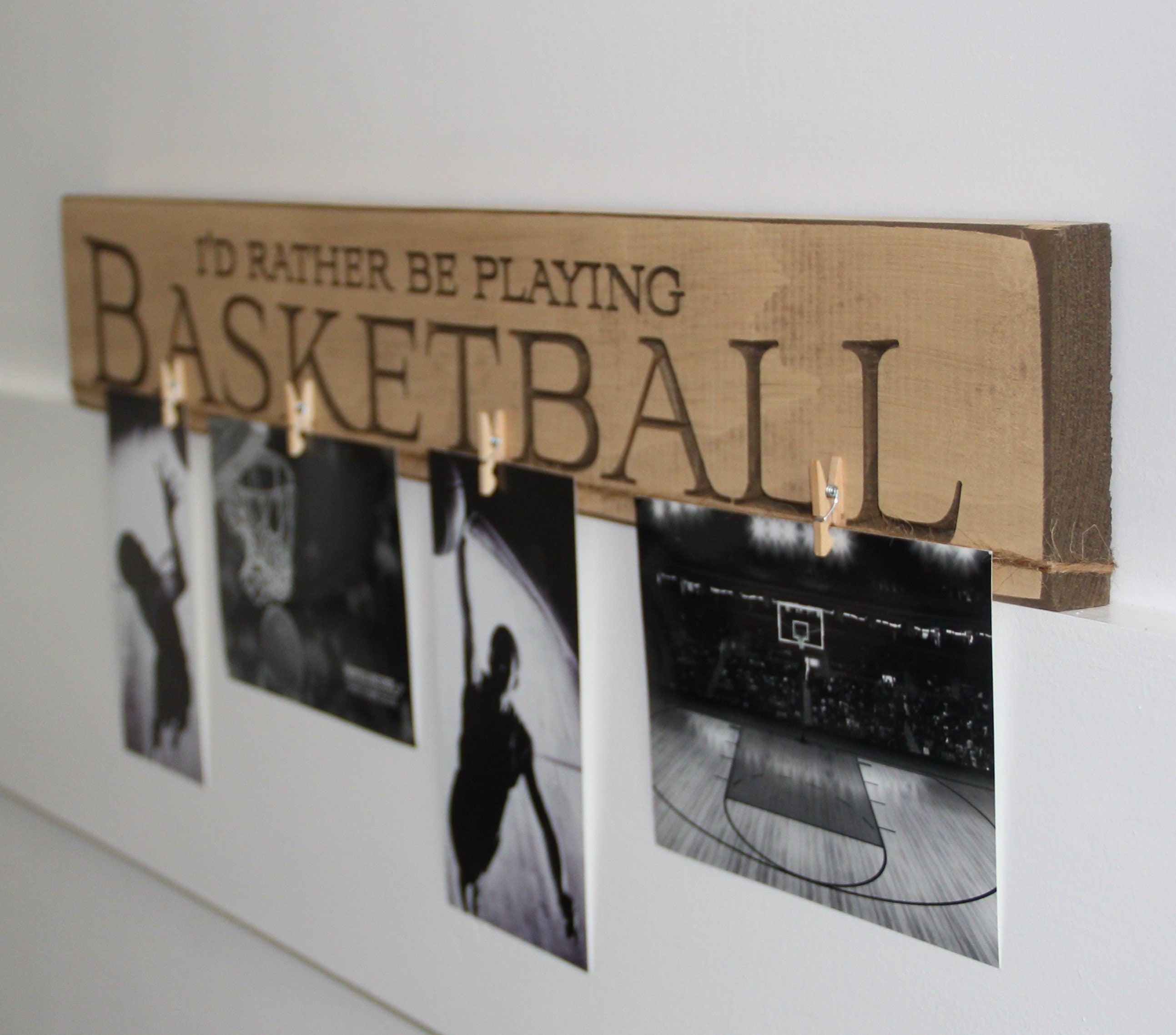 Basketball Photo Display Sign: Antiqued Cream Wood, Sports Room Decor