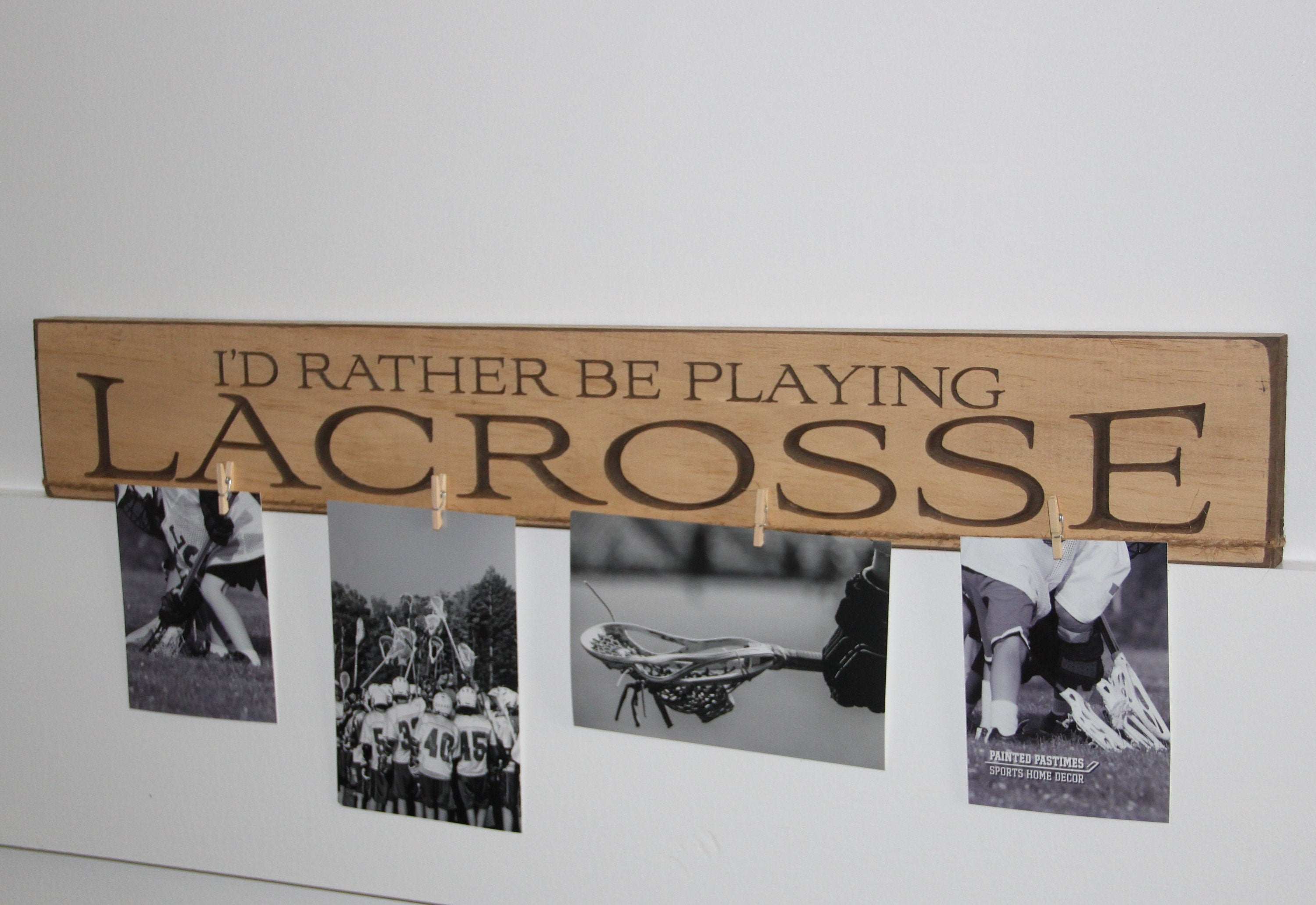 Carved Wood Lacrosse Sign: Cream Antiqued Finish, Sports Room Decor