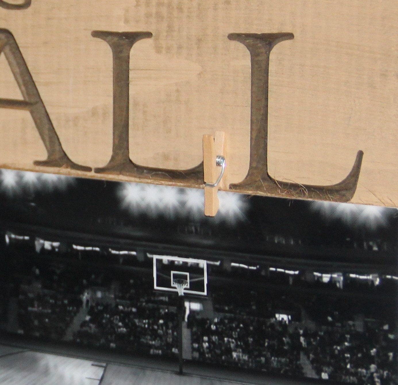 Basketball Photo Display Sign: Antiqued Cream Wood, Sports Room Decor
