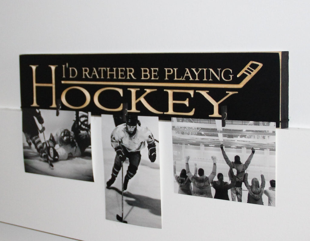 Hockey Photo Display: Distressed Wood Hockey Decor
