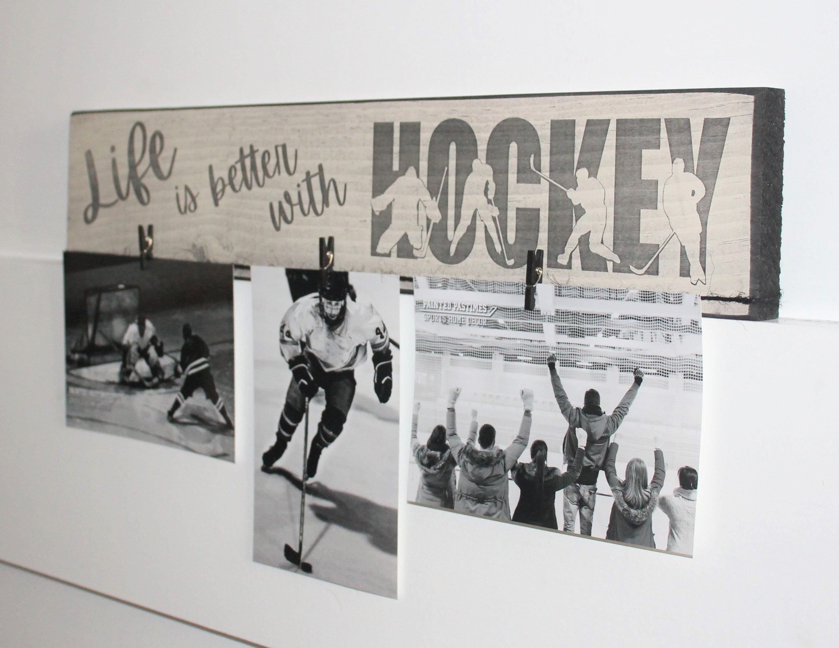 Distressed Hockey Coat Rack with Bronze Hooks - Hockey Player Gift
