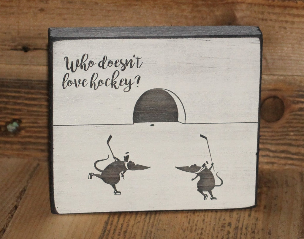 Mice Playing Hockey Wood Sign - Distressed Hockey Decor