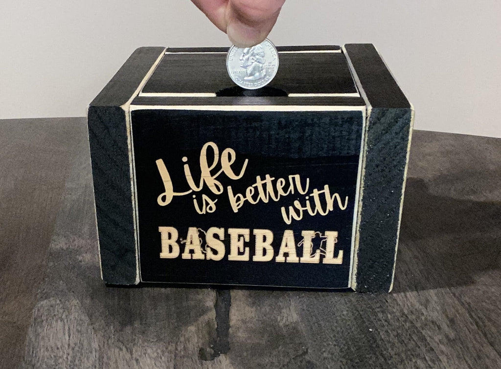 Baseball Ornament: Black Wood Sign or Bank, Baseball Player Gift