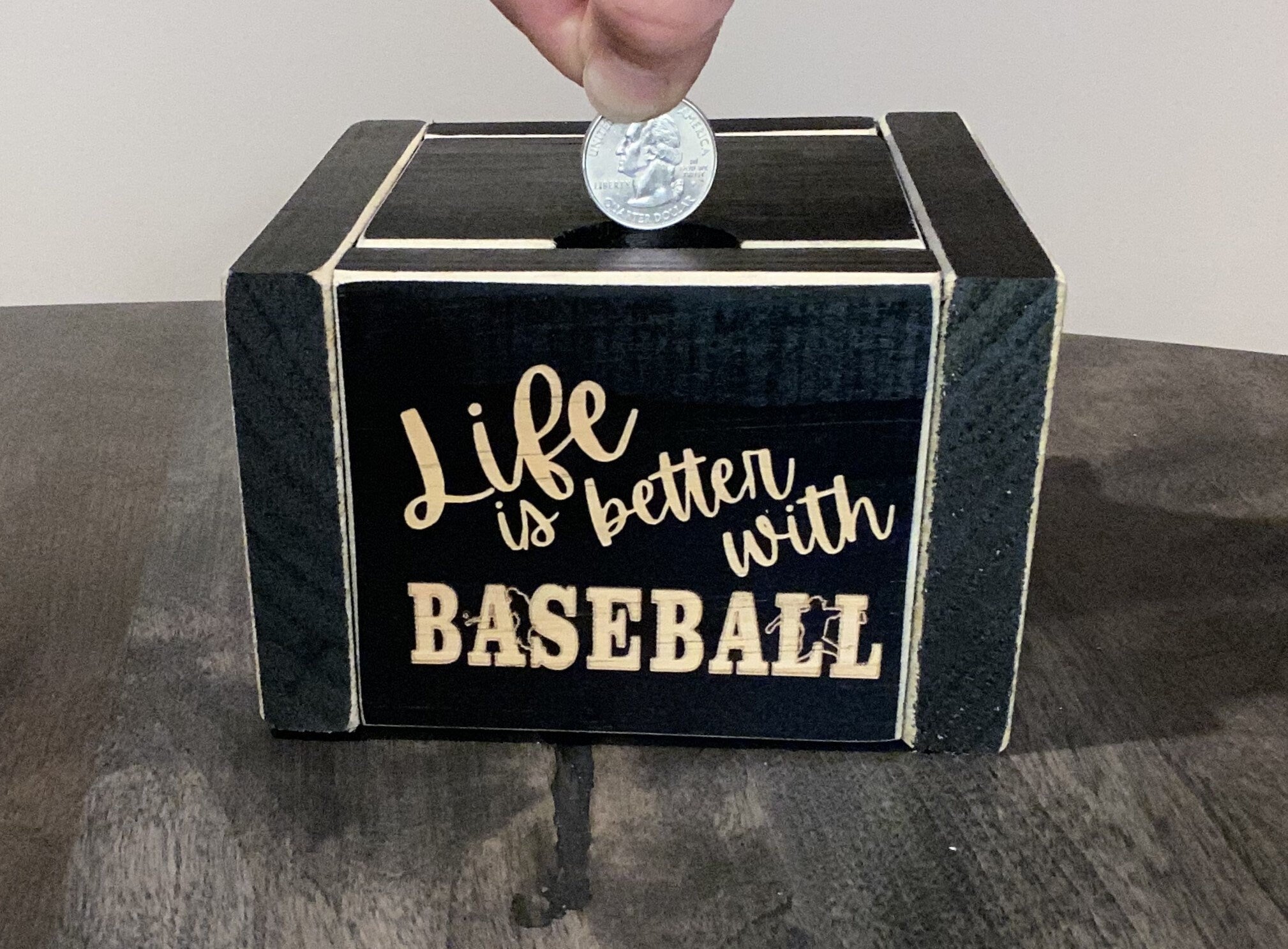 Baseball Ornament: Black Wood Sign or Bank, Baseball Player Gift