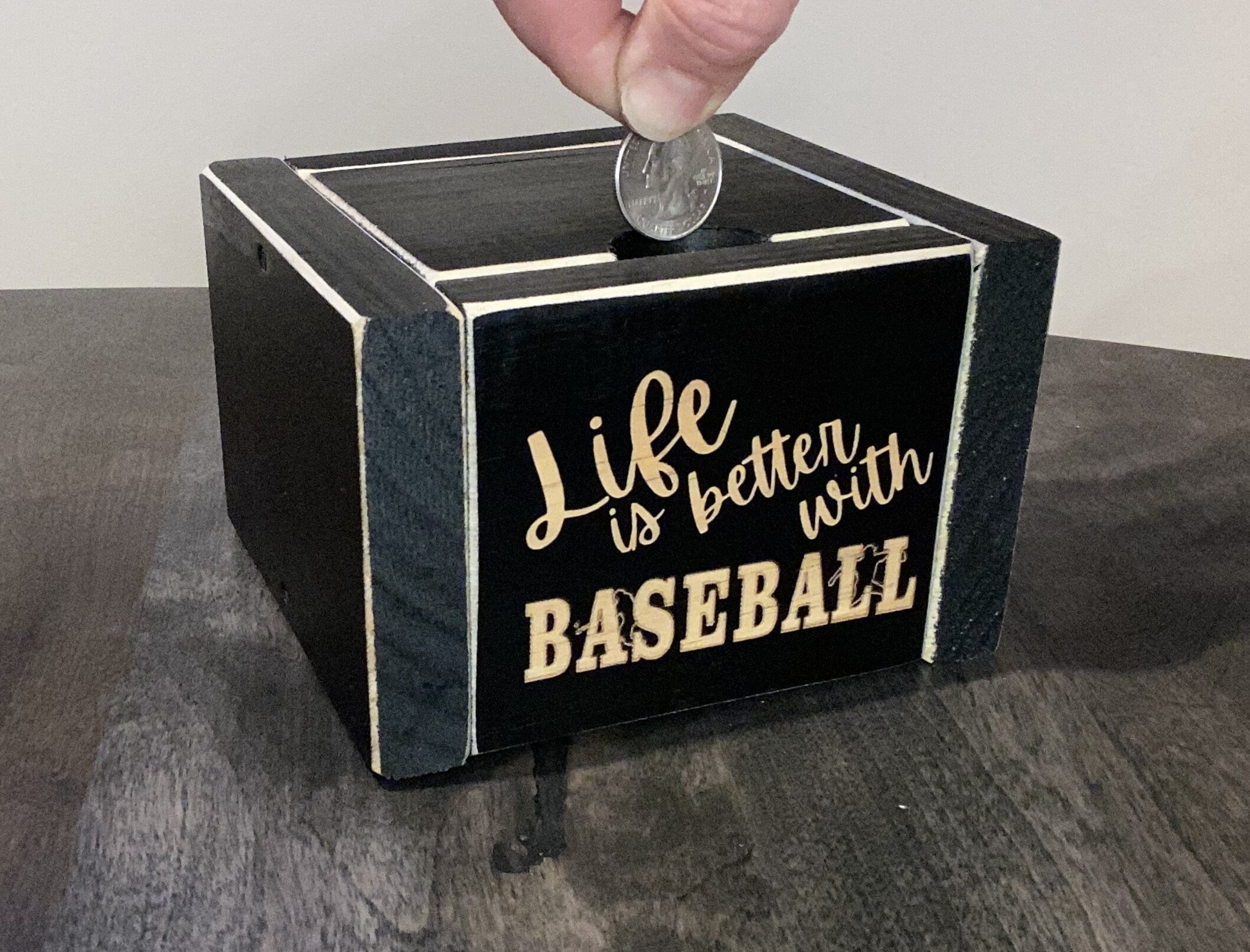 Baseball Ornament: Black Wood Sign or Bank, Baseball Player Gift