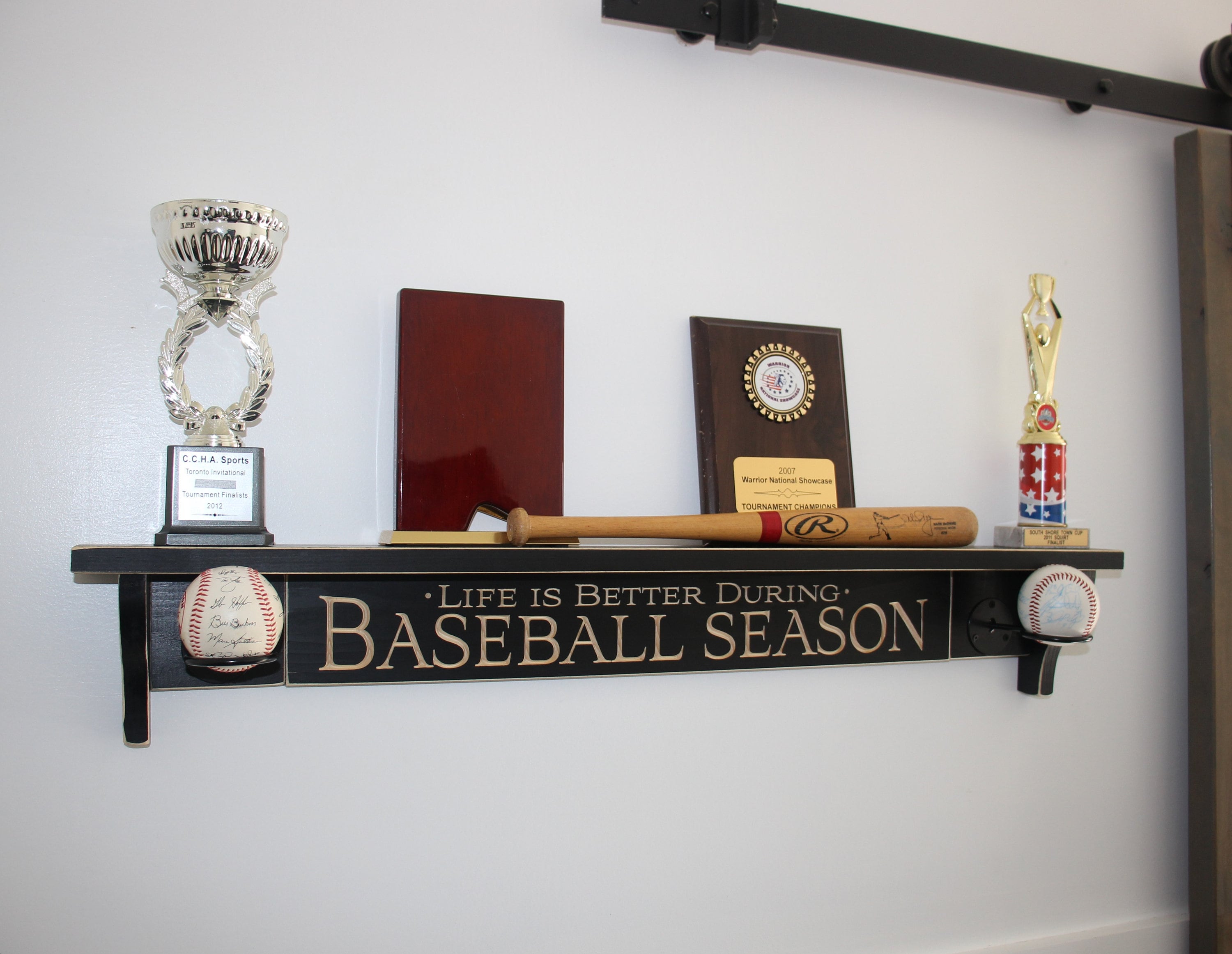 Distressed Wood Baseball Display Shelf: Coach Gift, Trophy Rack