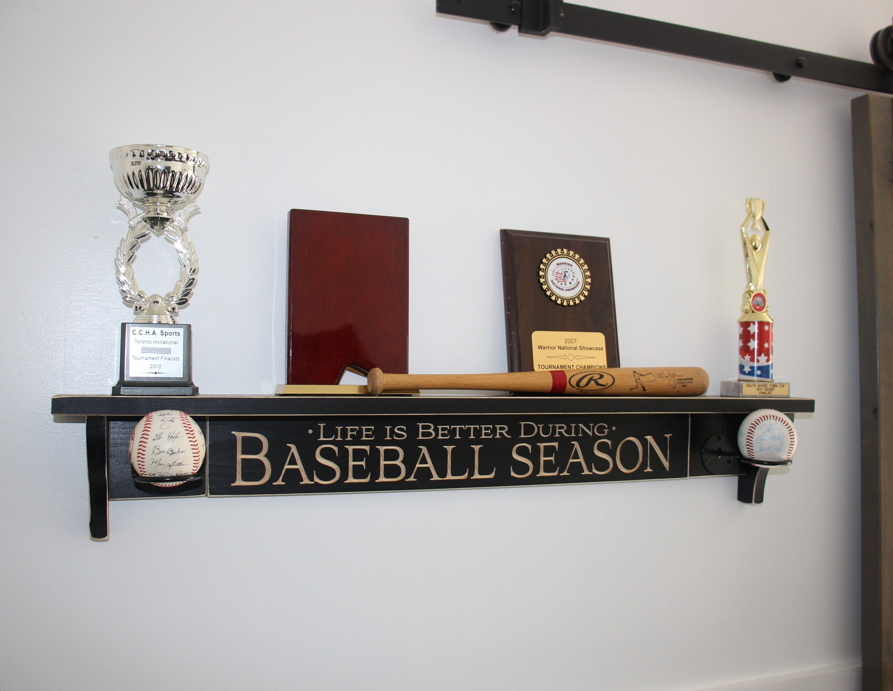 Distressed Wood Baseball Display Shelf: Coach Gift, Trophy Rack