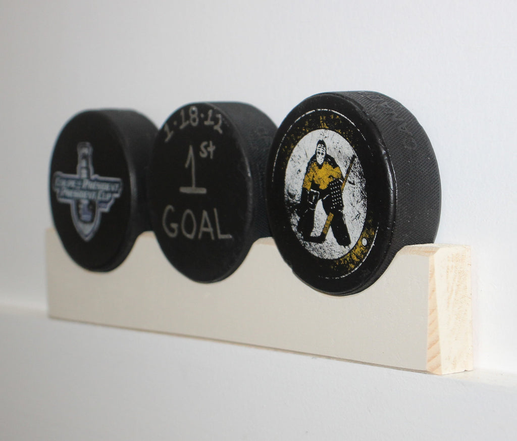 Hockey Puck Display Rack: Wood Shelf, Hockey Room Decor
