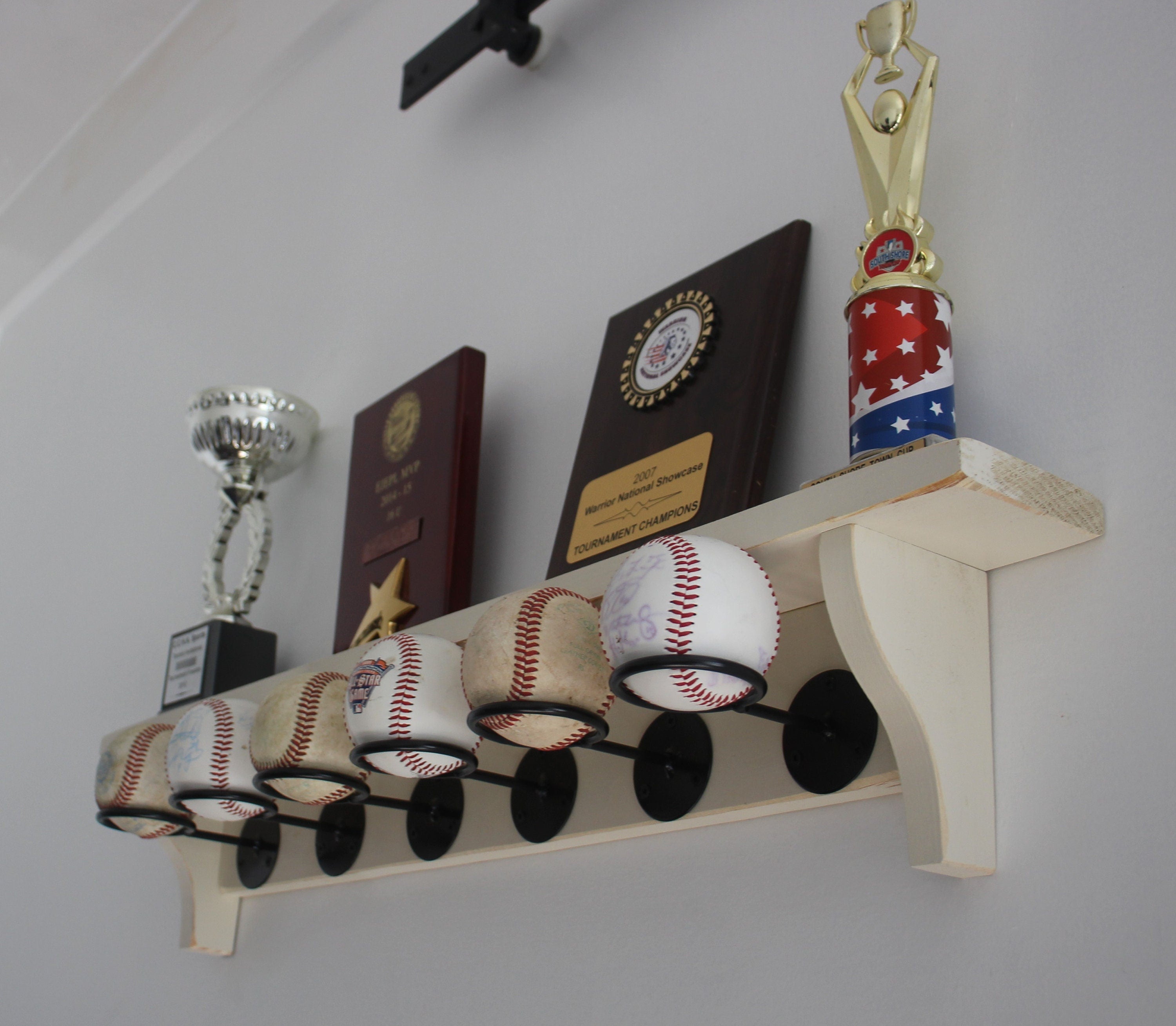 Distressed Wood Baseball Display Shelf: Coach Gift, Trophy Rack