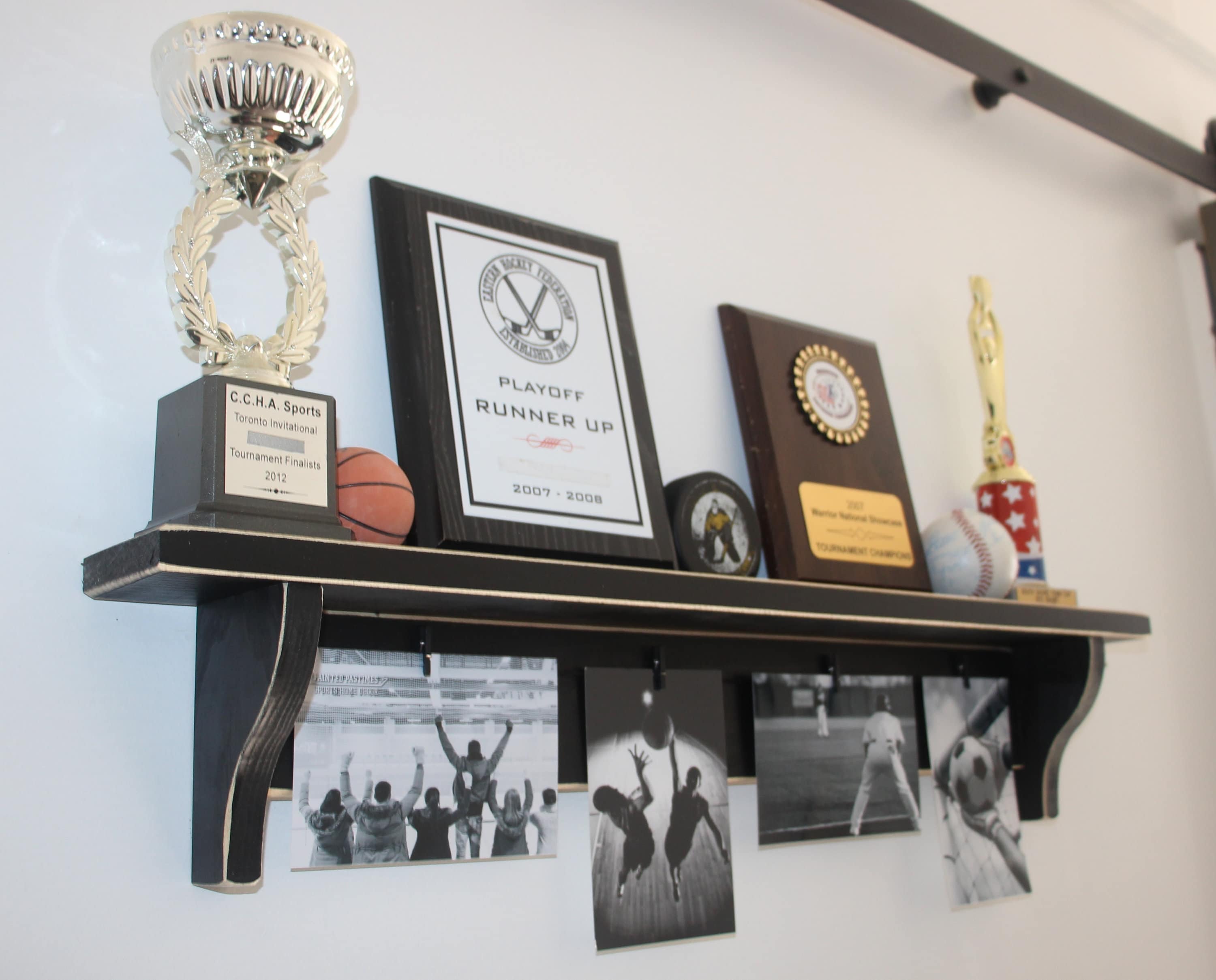 Hockey Trophy Shelf: Jersey Display, Medal Hooks, Sports Room Decor
