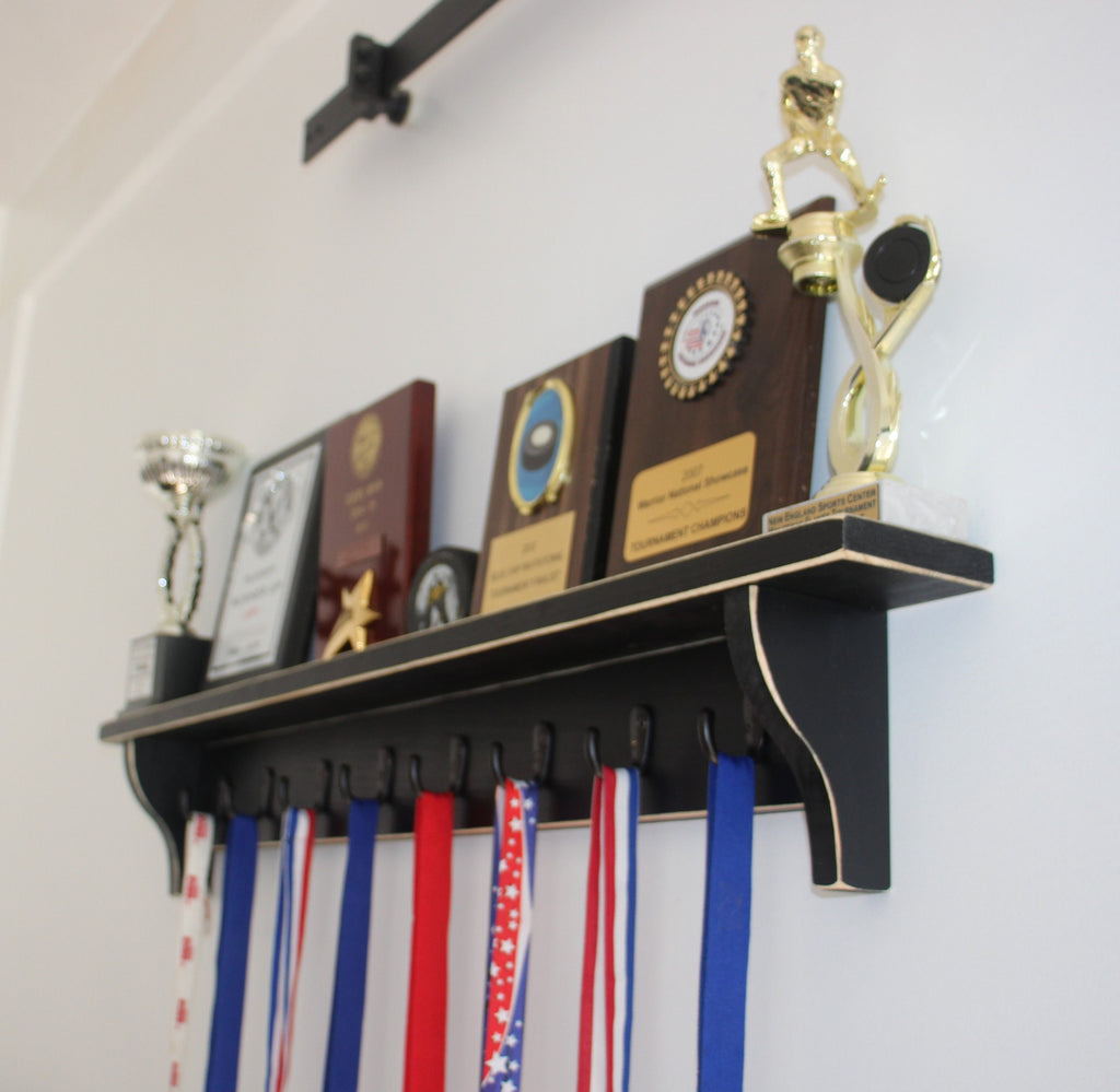 Sports Trophy Shelf: Hockey, Baseball, Soccer, Lacrosse, Football, Basketball