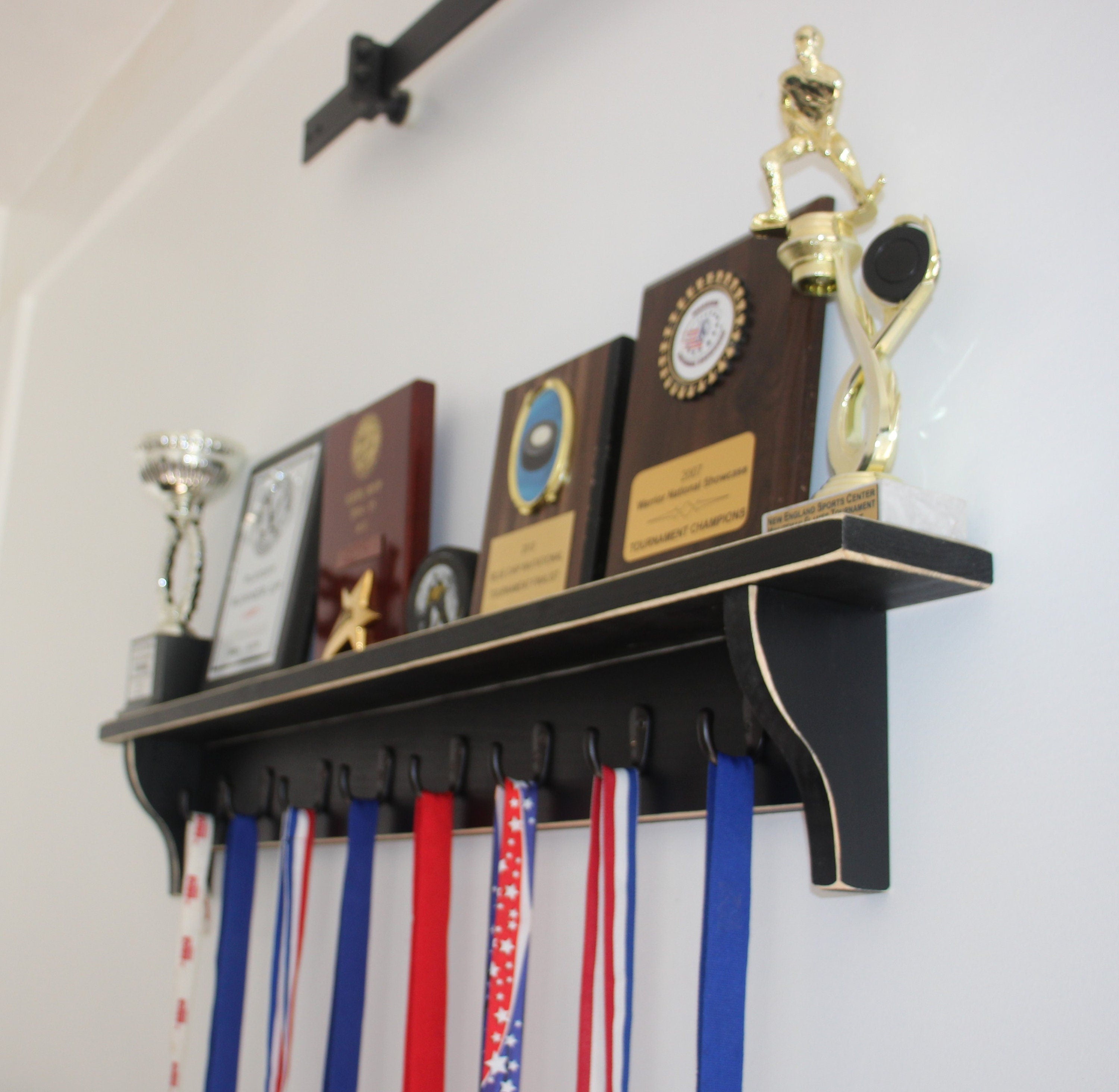 Sports Trophy Shelf: Hockey, Baseball, Soccer, Lacrosse, Football, Basketball