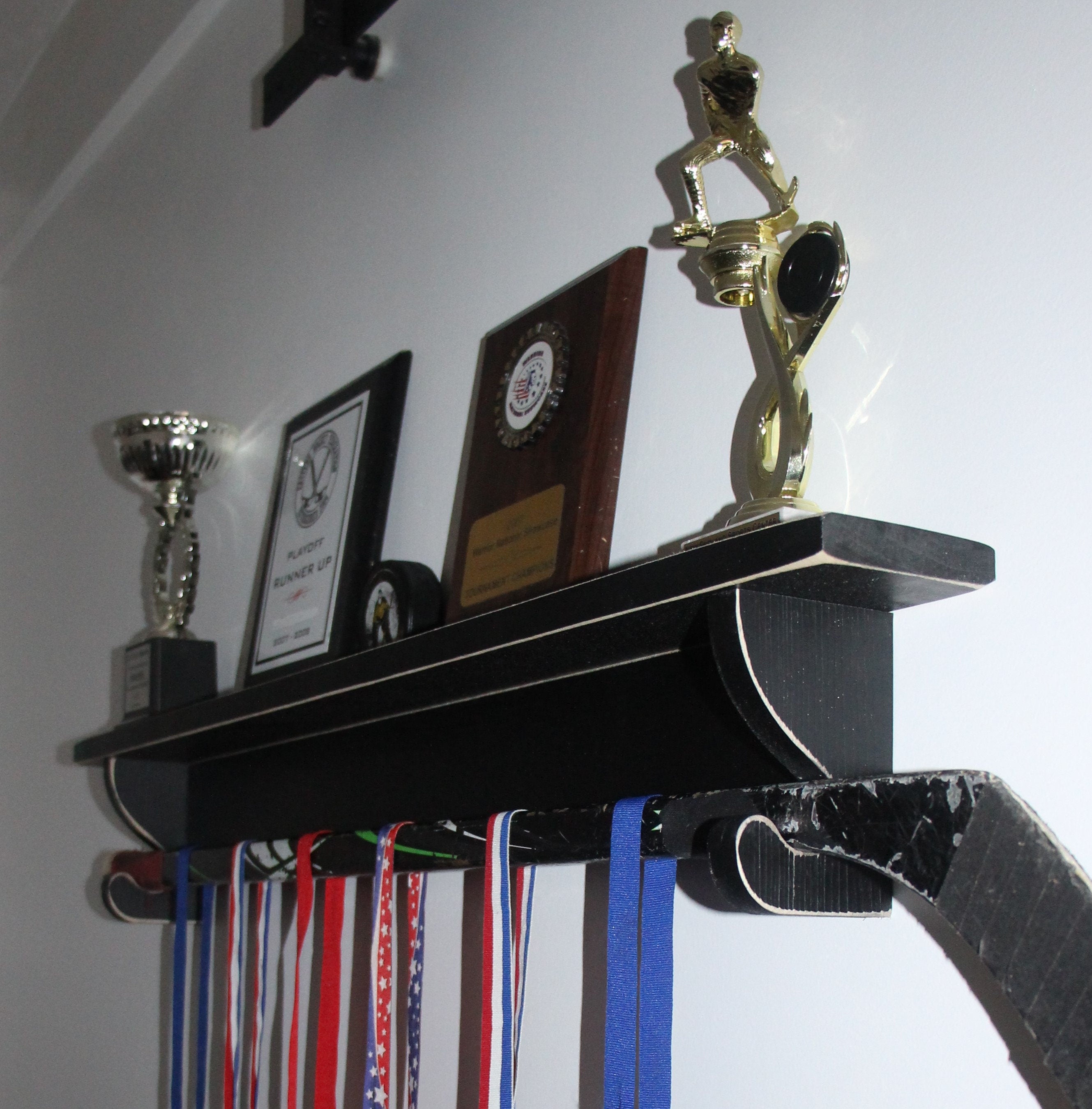 Distressed Wood Sports Trophy Shelf: Black or Off-White