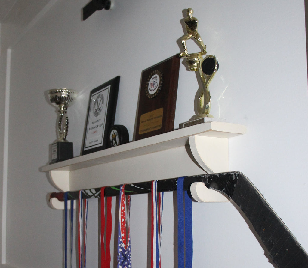 Hockey Trophy Shelf: Jersey Display, Medal Hooks, Sports Room Decor
