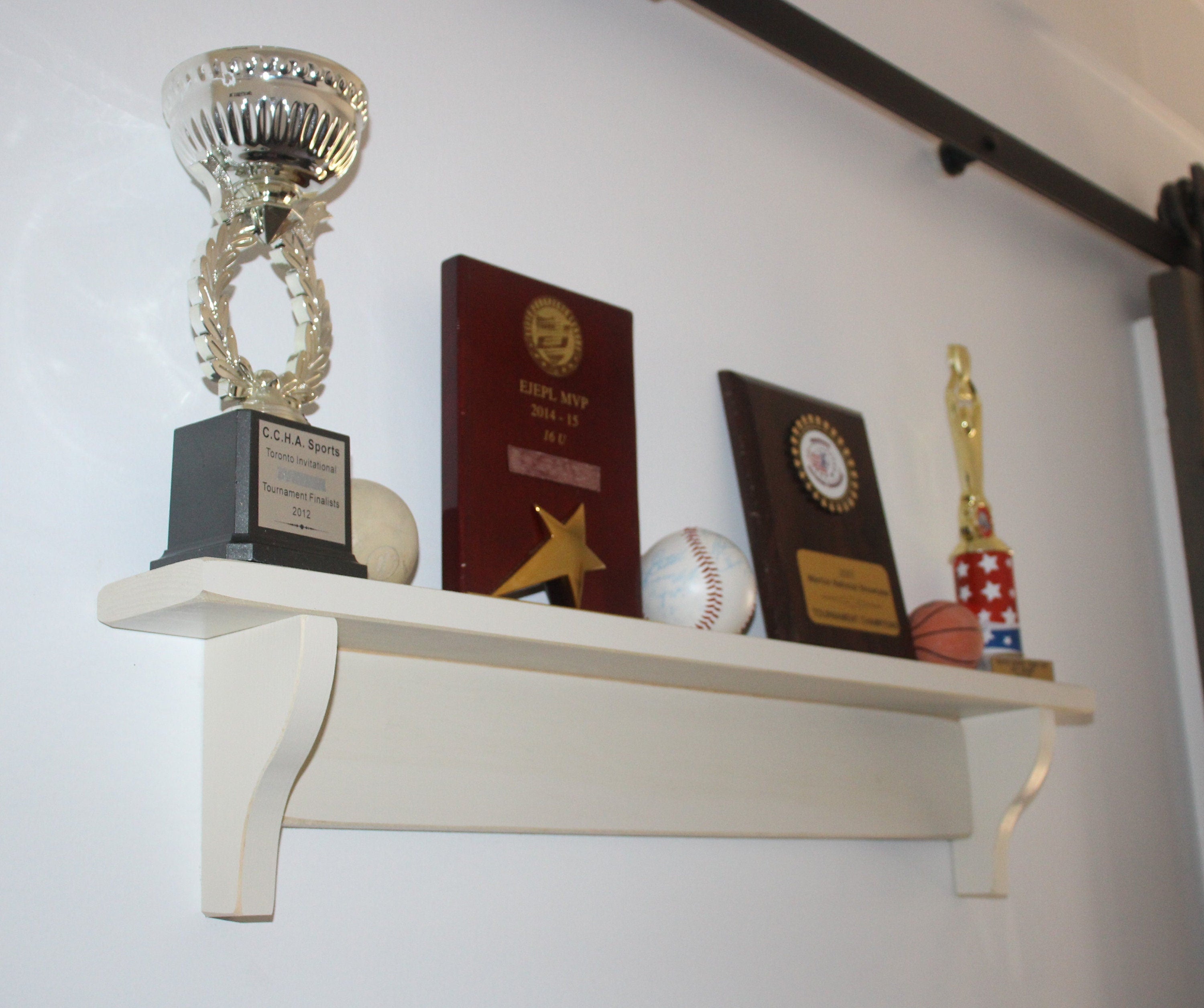 Sports Trophy Shelf: Hockey, Baseball, Soccer, Lacrosse, Football, Basketball