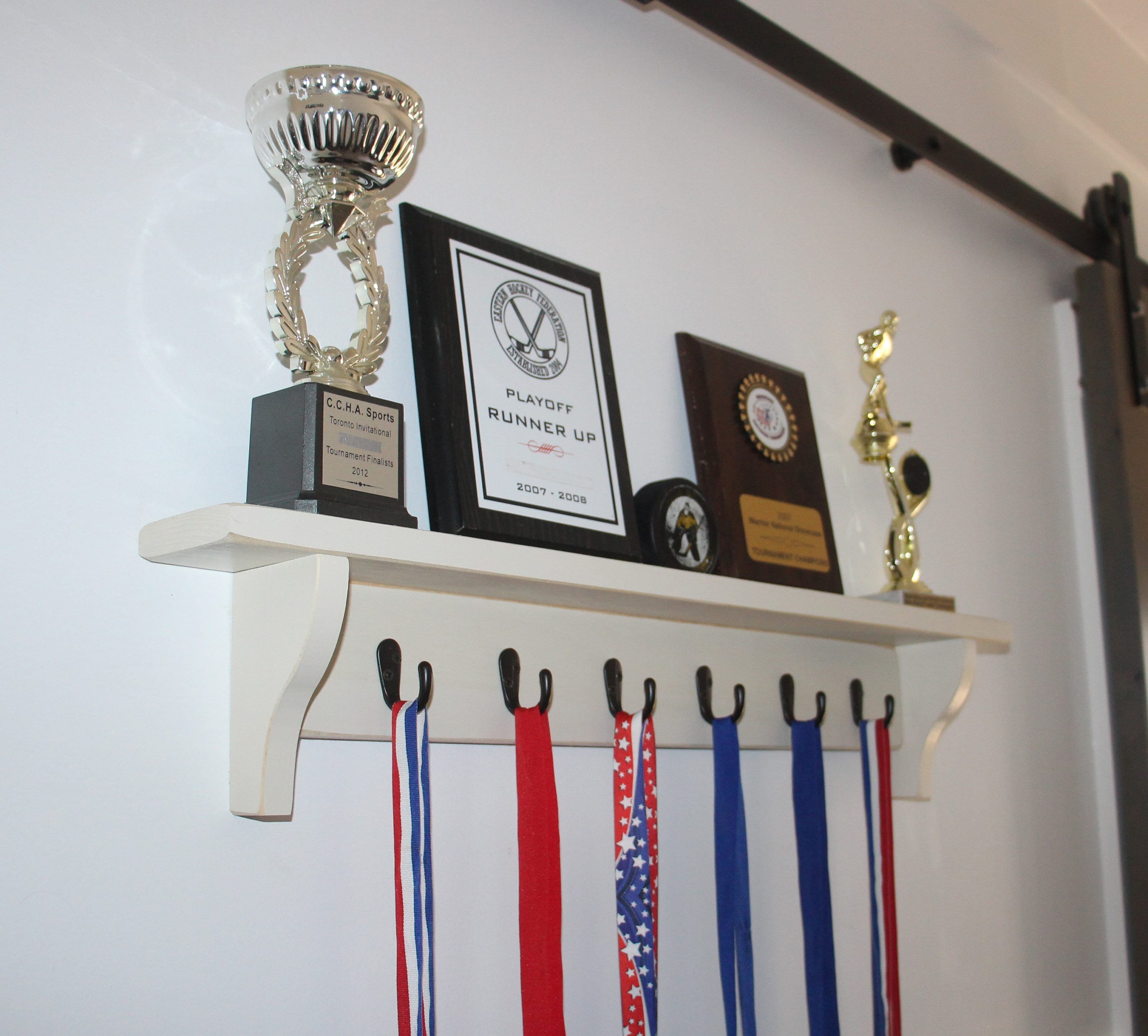 Hockey Trophy Shelf: Jersey Display, Medal Hooks, Sports Room Decor