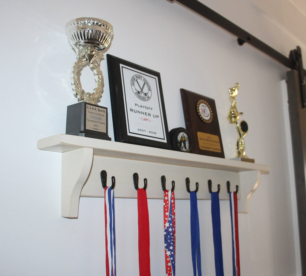 Hockey Trophy Shelf: Sports Awards Display with Medal Hooks
