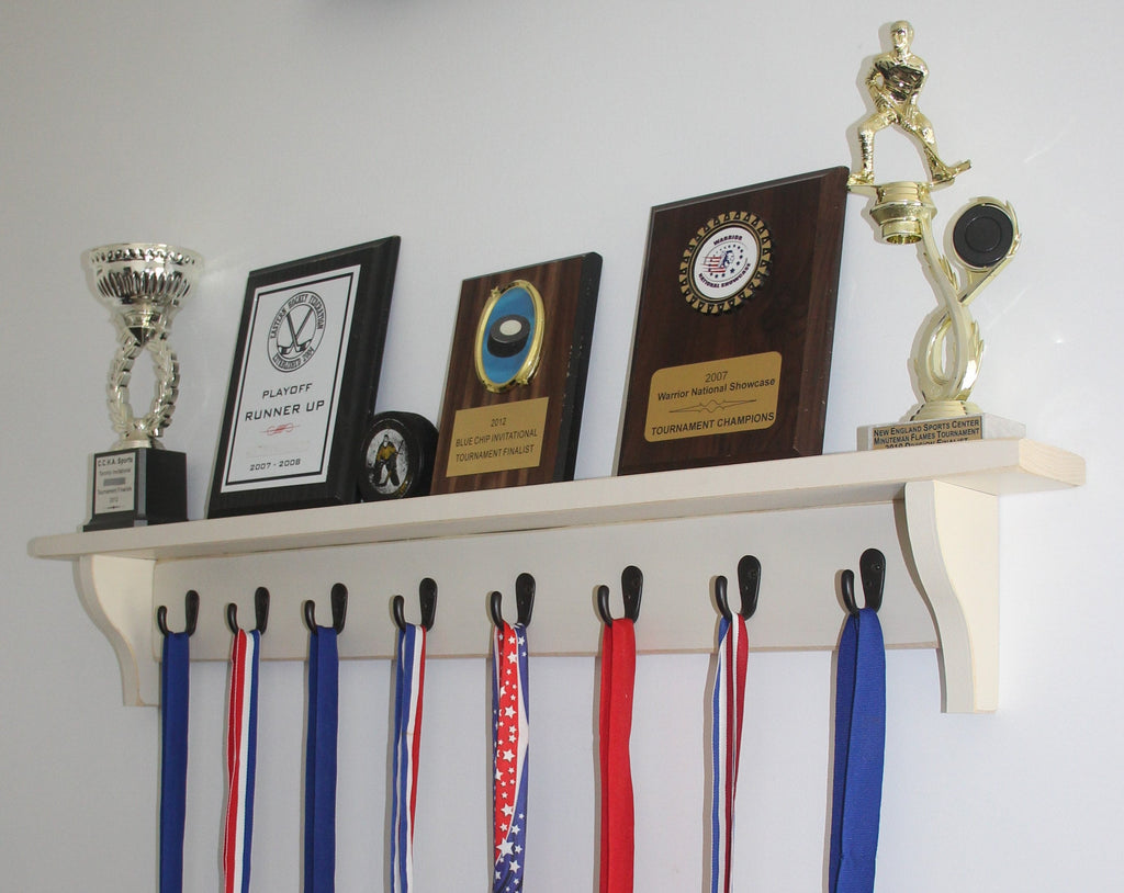 Sports Trophy Shelf: Hockey, Baseball, Soccer, Lacrosse, Football, Basketball