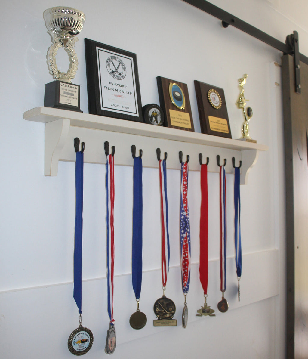Distressed Wood Sports Trophy Shelf: Black or Off-White