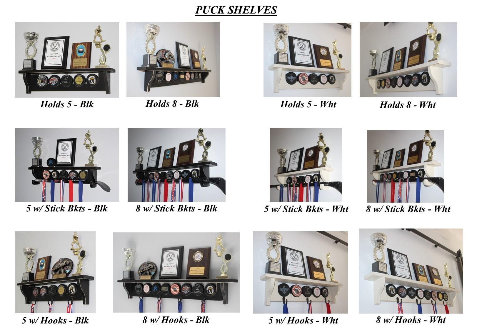 Hockey Puck Display Shelf: Trophy, Medal, Stick Holder