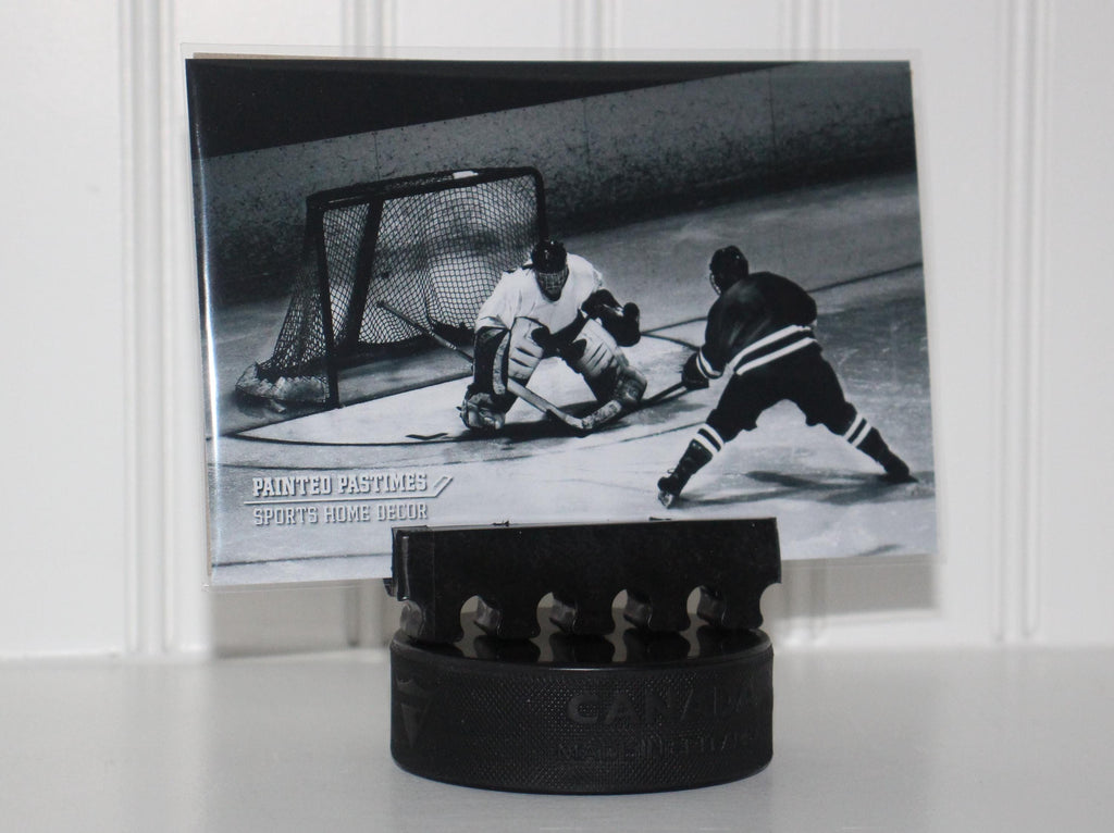 Hockey Puck Photo Holder: Wrapped in Hockey Laces, Team Colors, Frame