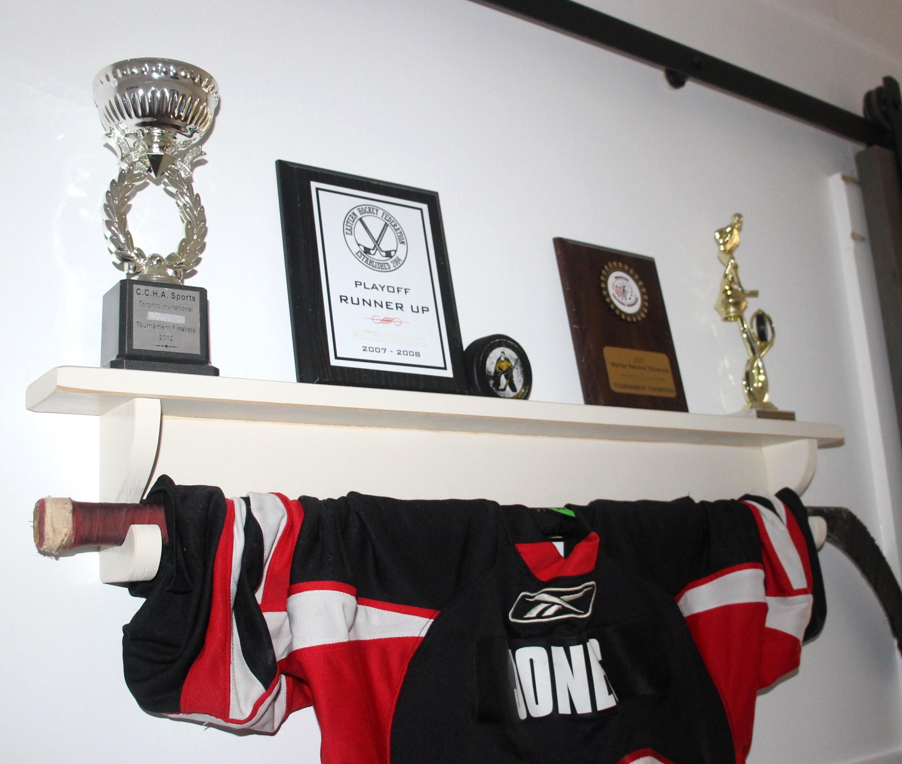 Hockey Trophy Shelf: Jersey Display, Medal Hooks, Sports Room Decor