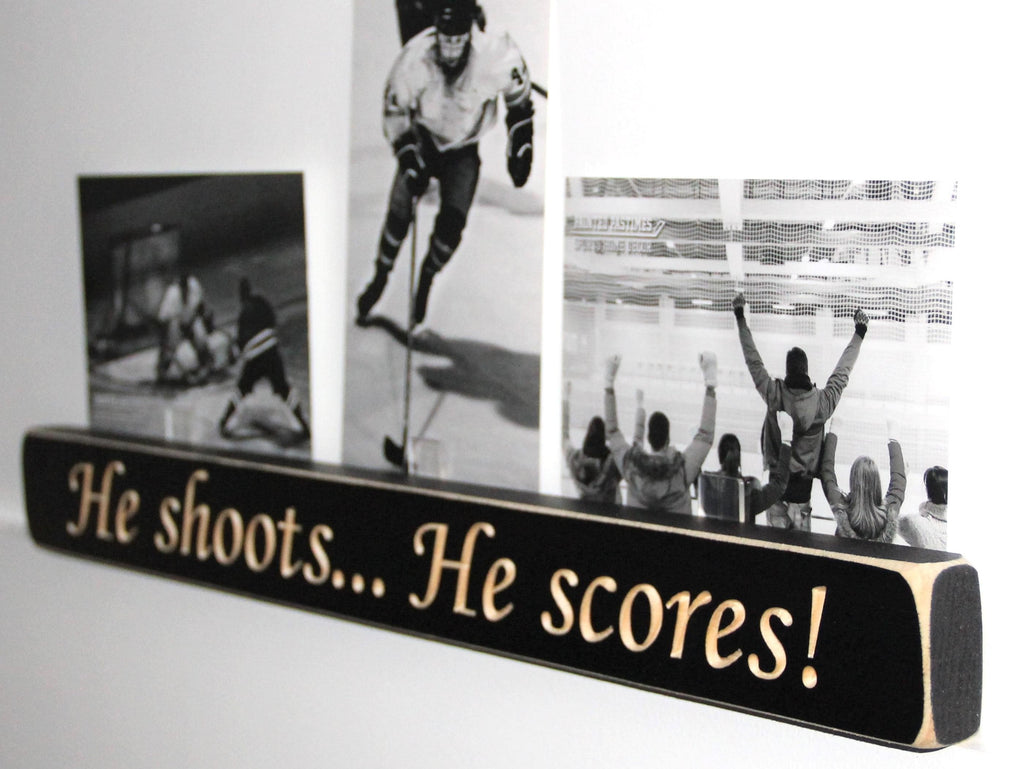 Hockey Sign: He Shoots He Scores, Laser Cut Wood Decor