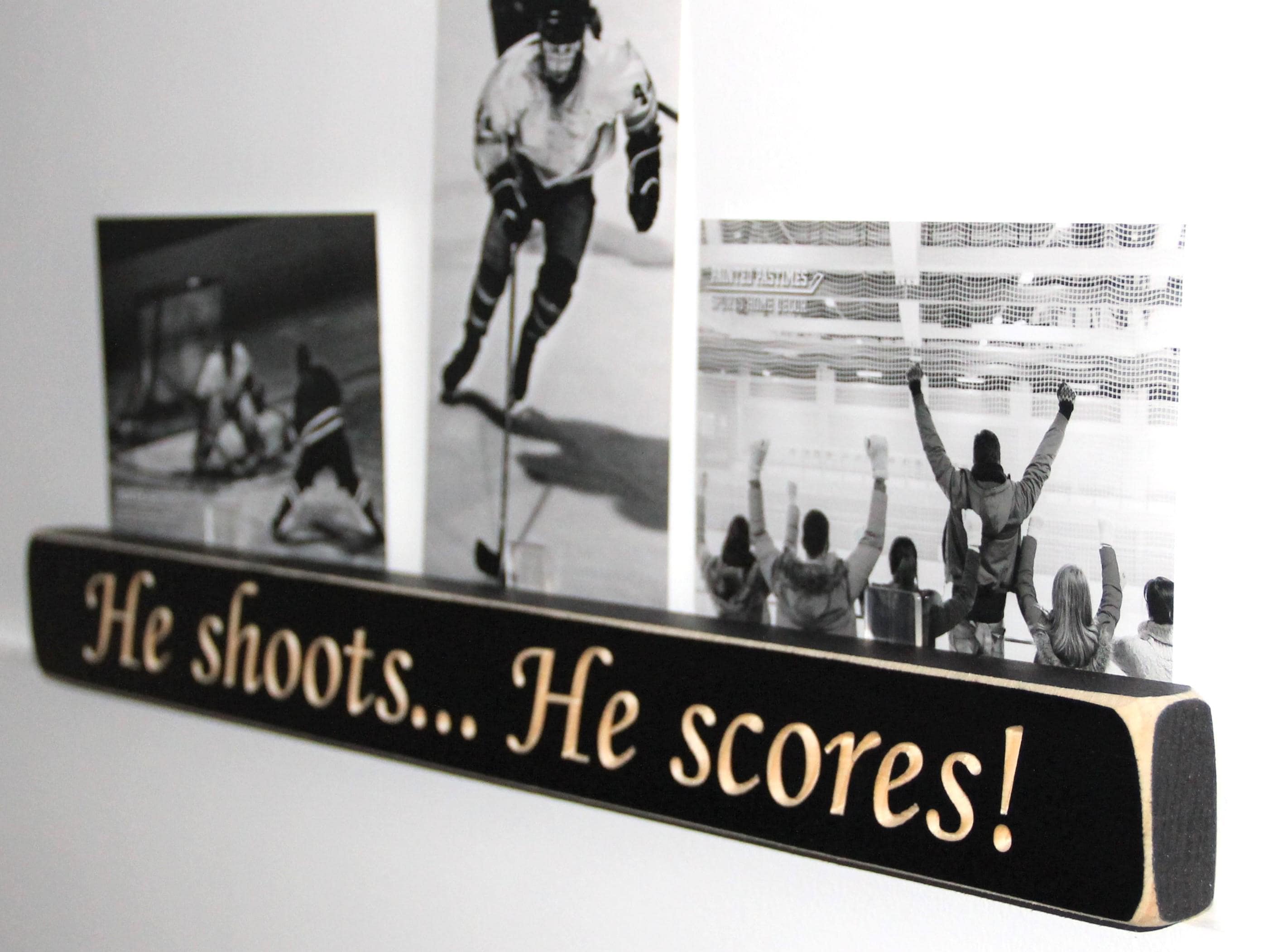 Hockey Sign: He Shoots He Scores, Laser Cut Wood Decor