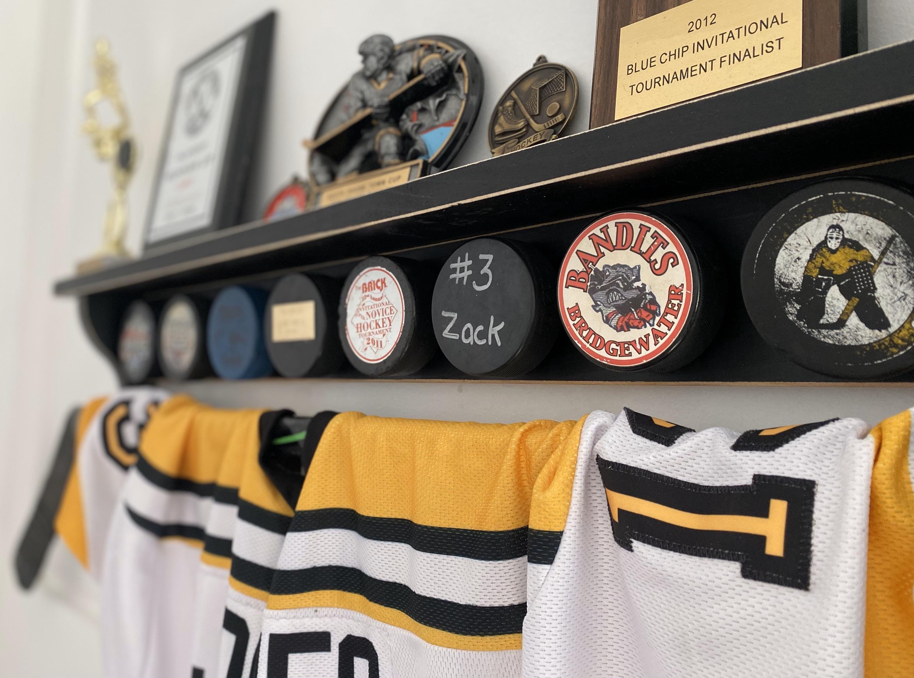 Hockey Puck Display Shelf: Jersey & Ribbon Hanger, Trophy Shelf
