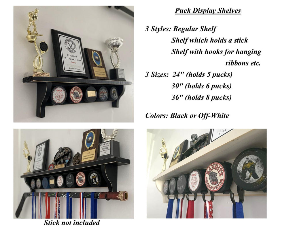 Hockey Puck Display Shelf: Jersey & Ribbon Hanger, Trophy Shelf