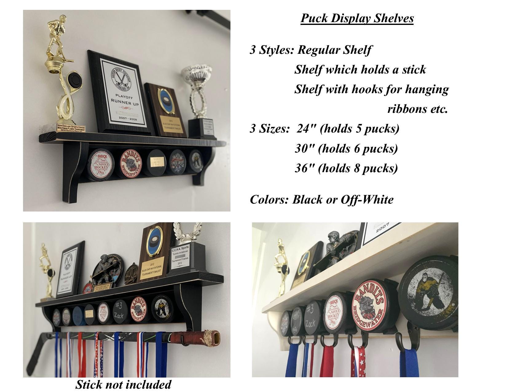 Hockey Puck Display Shelf: Jersey & Ribbon Hanger, Trophy Shelf