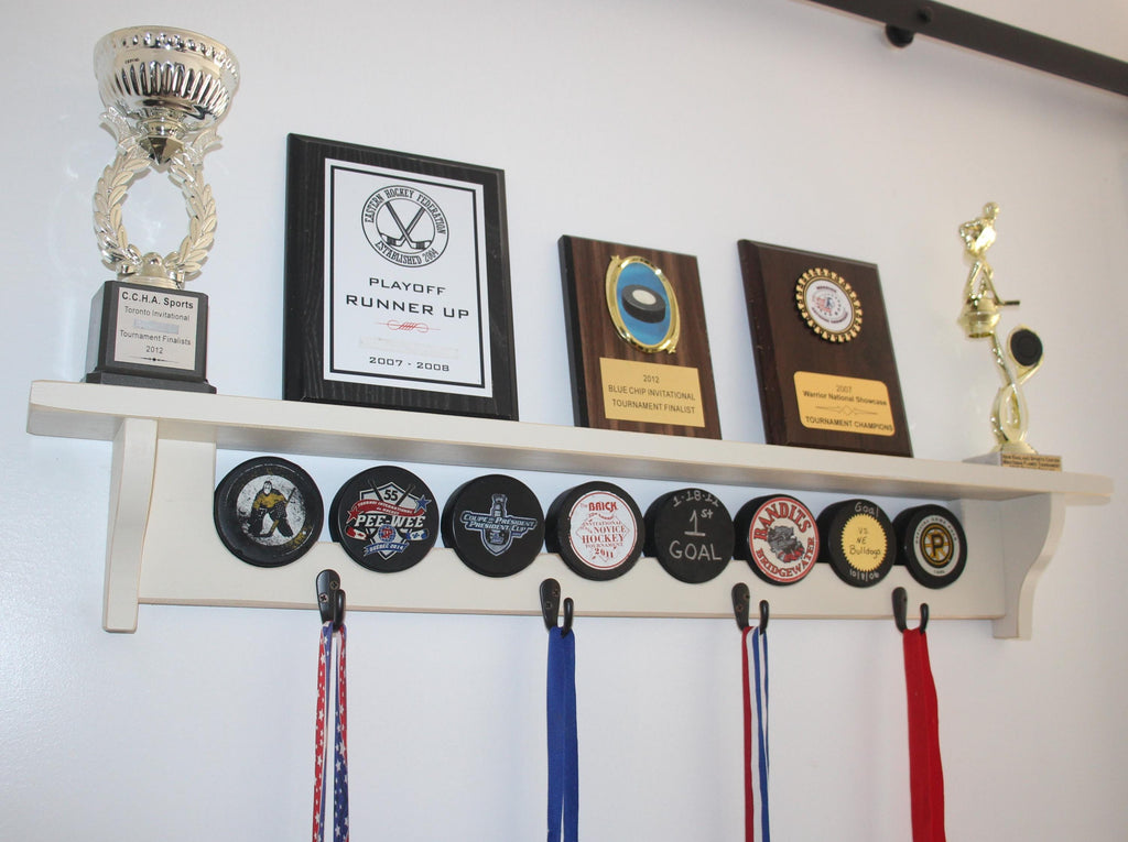 Hockey Puck Display Shelf: Trophy, Medal, Stick Holder