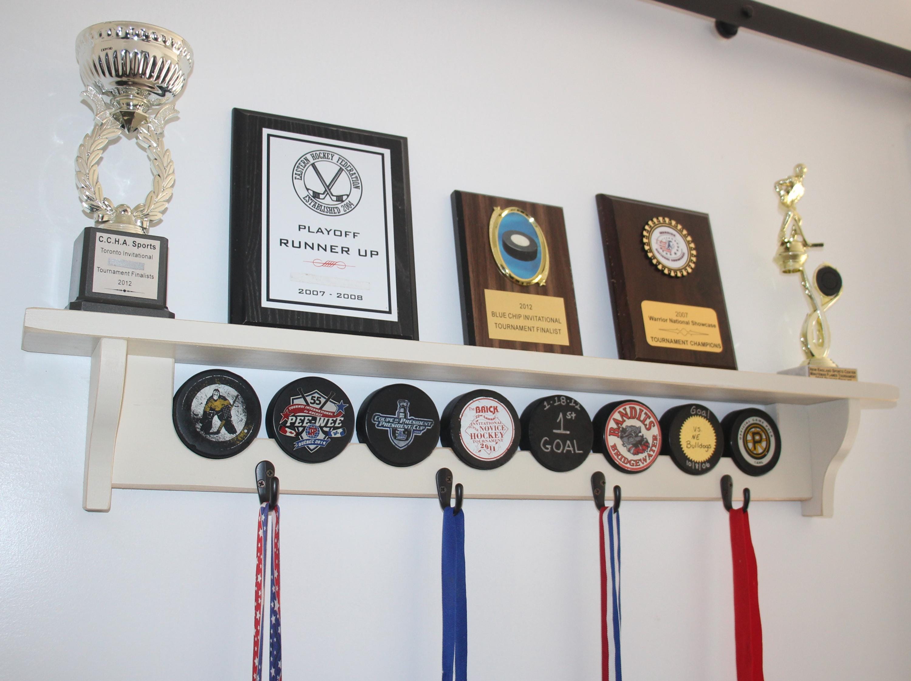 Hockey Puck Display Shelf: Trophy, Medal, Stick Holder