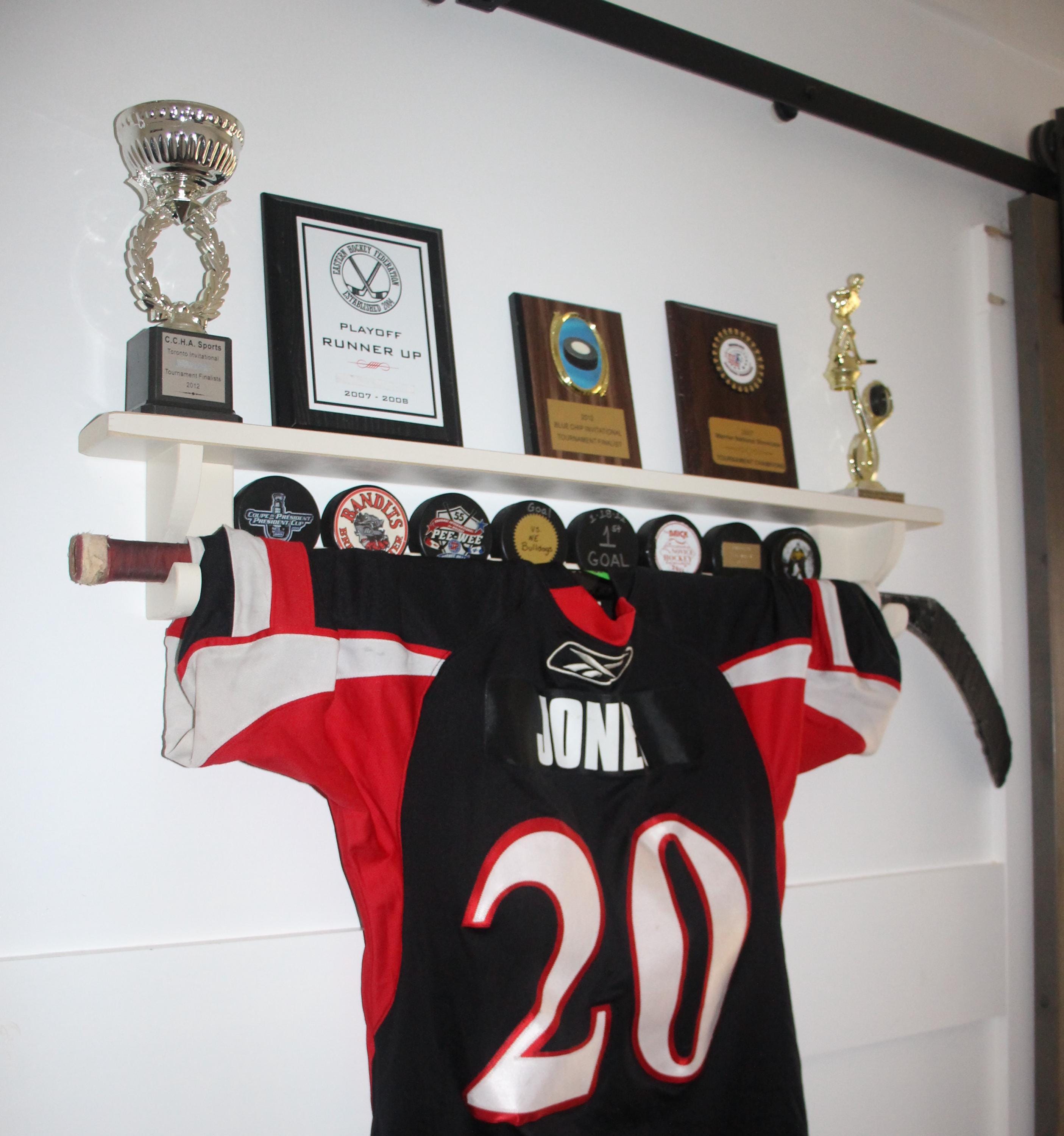 Hockey Puck Display Shelf: Trophy, Medal, Stick Holder