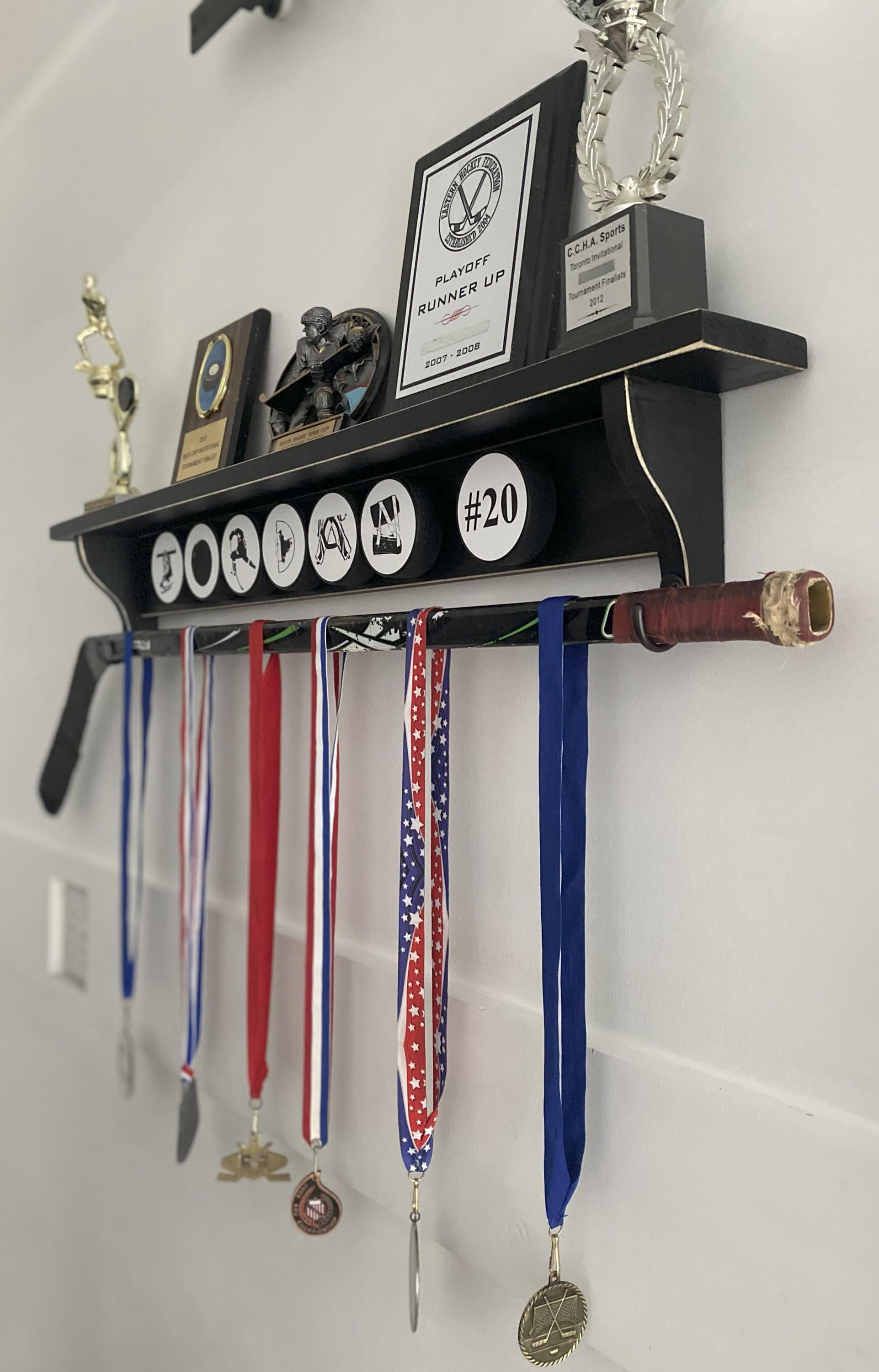 Personalized Hockey Puck Display Shelf: Custom Name, Trophy & Ribbon Organizer