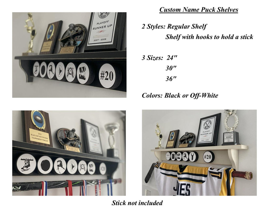 Personalized Hockey Name Display Shelf, Trophy & Ribbon Organizer, Player Wall Decor
