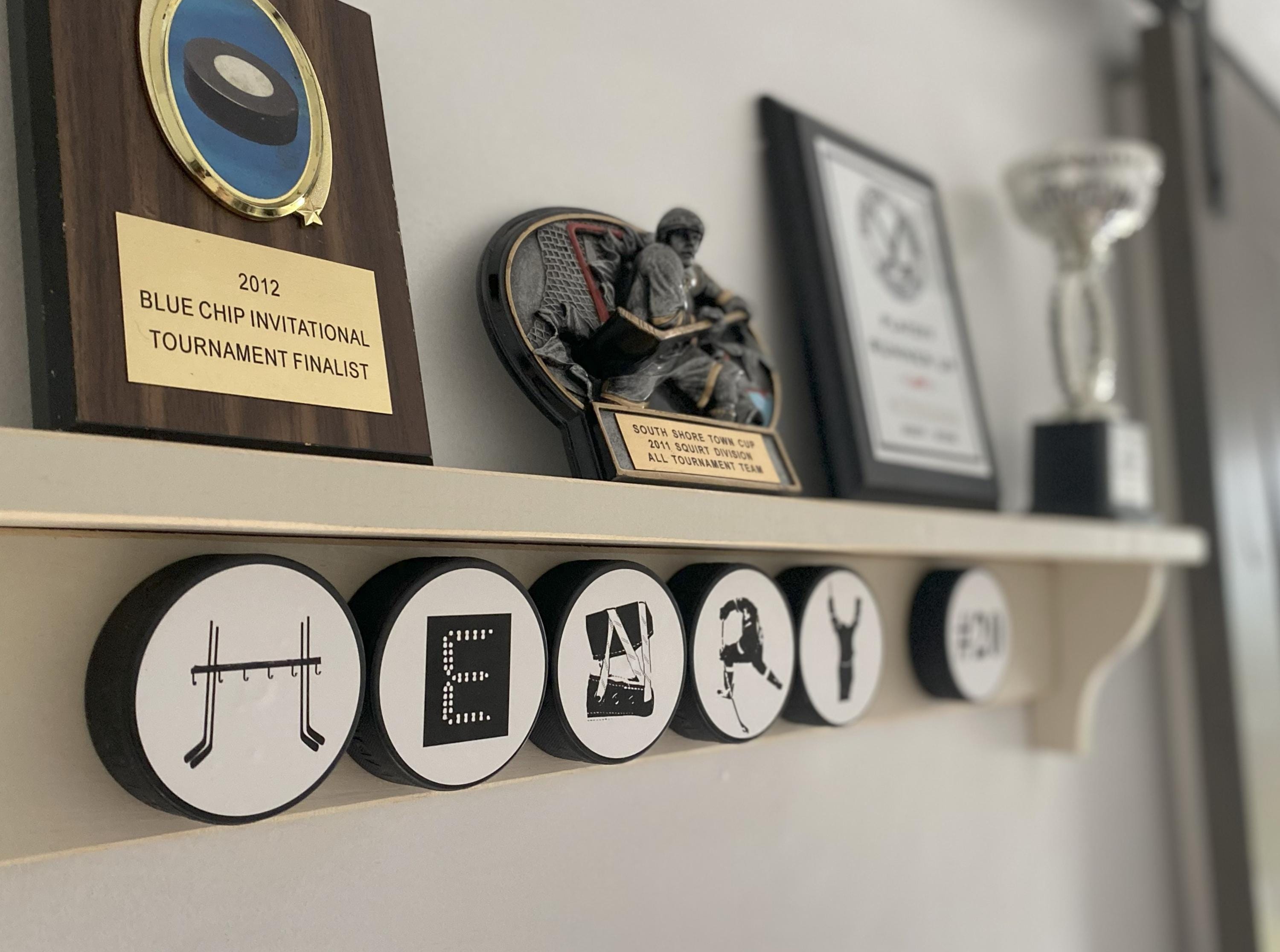 Personalized Hockey Puck Display Shelf: Custom Name, Trophy & Ribbon Organizer