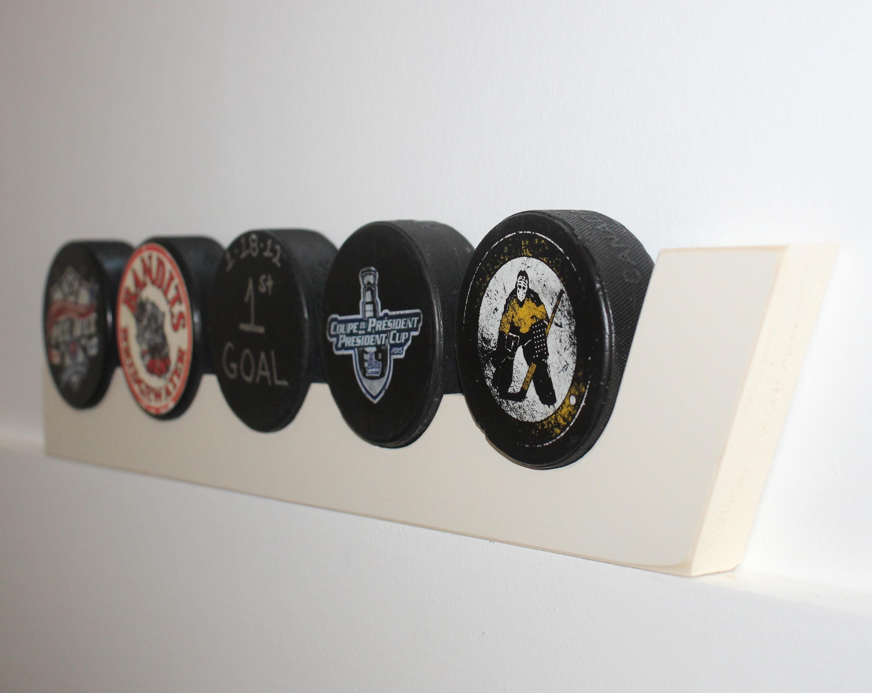 Hockey Puck Display: Wood Hockey Stick, Holds 5 Pucks