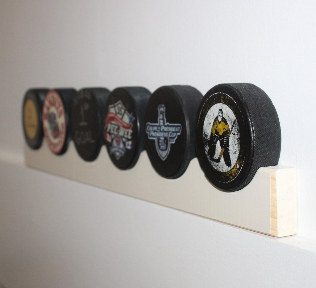 Hockey Puck Display: Wood Hockey Stick, Holds 5 Pucks