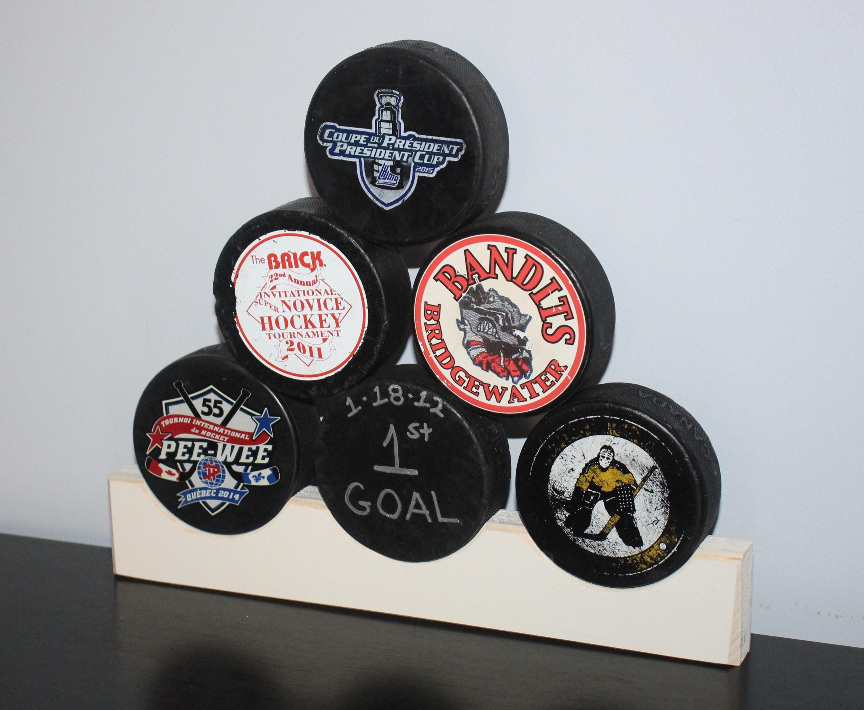 Hockey Puck Display Rack: Wood, Hockey Room Decor