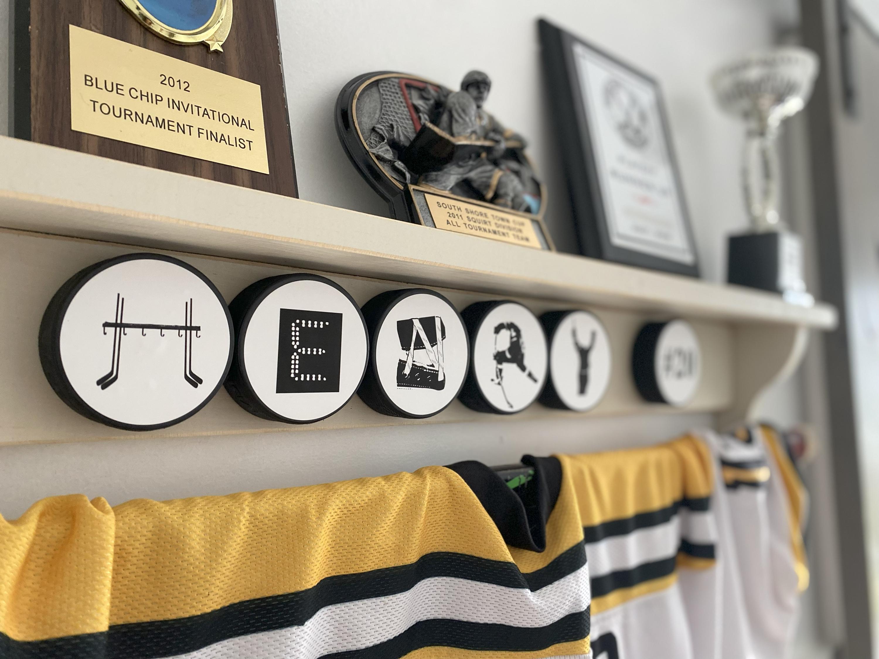 Personalized Hockey Puck Display Shelf: Custom Name, Trophy & Ribbon Organizer