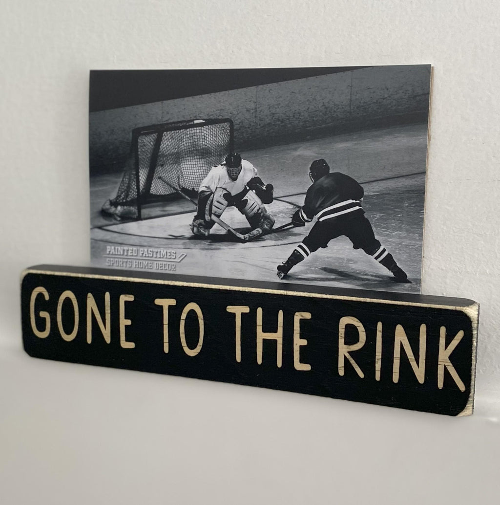 Hockey Photo Sign: Distressed Wood Frame, Rink Decor